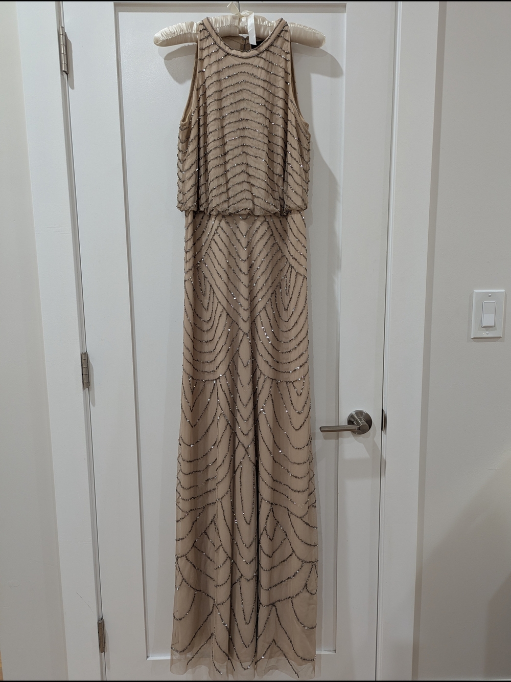 Adrianna Papell Champagne Beaded Halter Maxi Dress